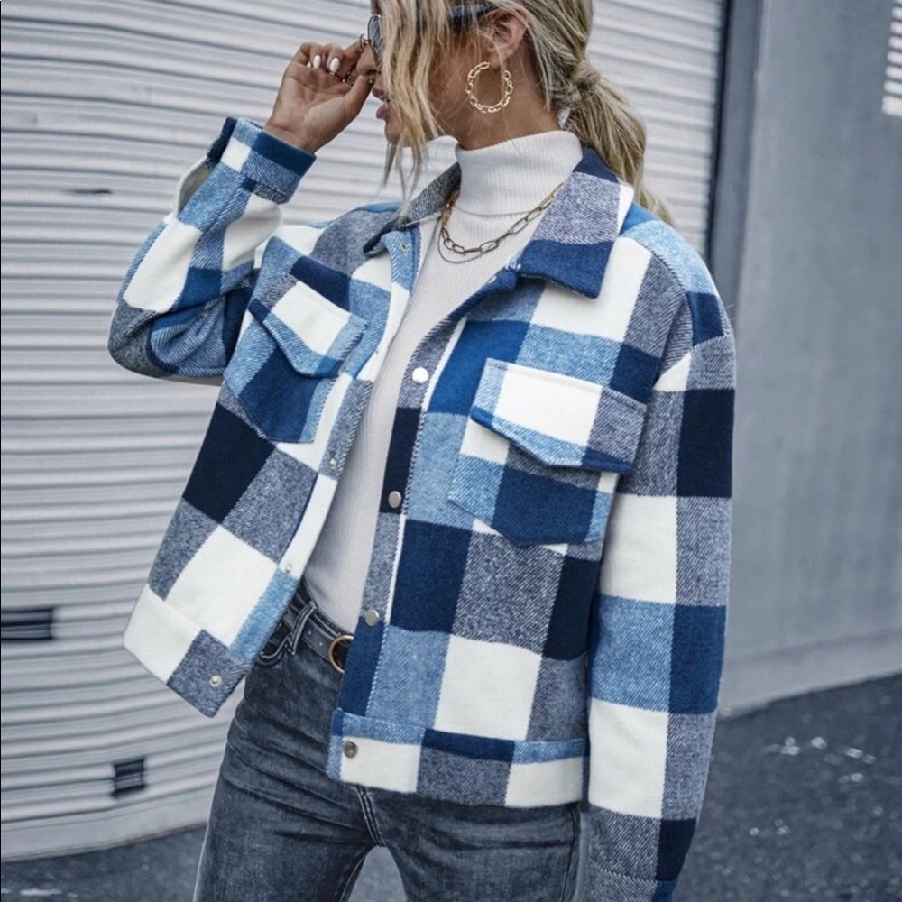 Plaid Coat Blue White - Picture 7 of 7